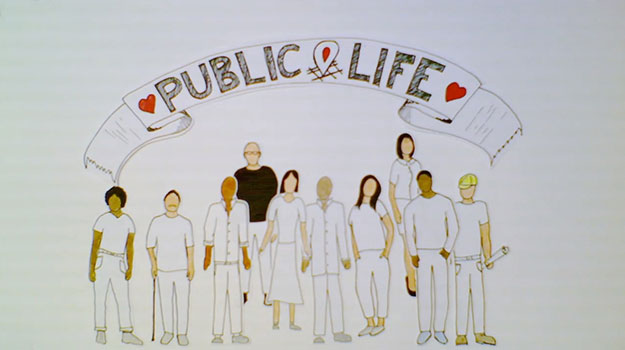 Public and Life banner above a group of cutout people