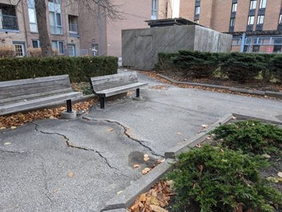 Uneven paving including cracking, separation, and buckling